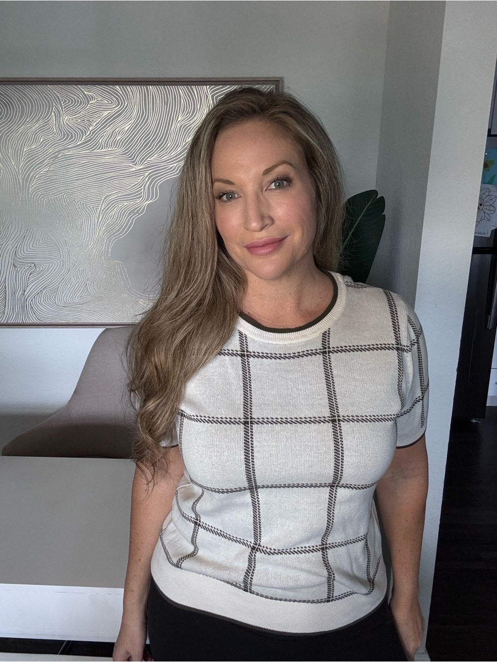 Ann Taylor Factory Cream and Olive Green Knit Top with Windowpane Detail